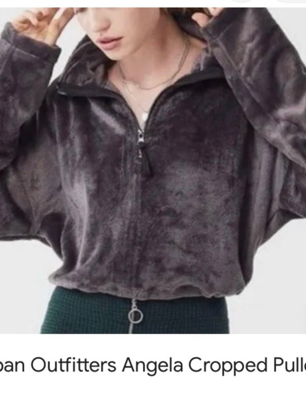 Urban Outfitters Plush Cropped Quarter-Zip Pullover - Charcoal Gray up